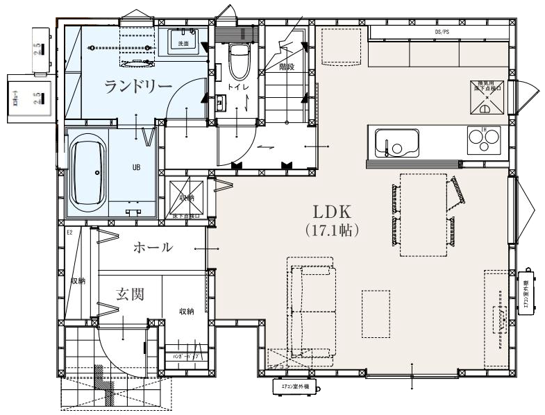 LDK17.1帖、洗面脱衣室3帖、玄関収納、カウンターキッチン、リビングエアコン