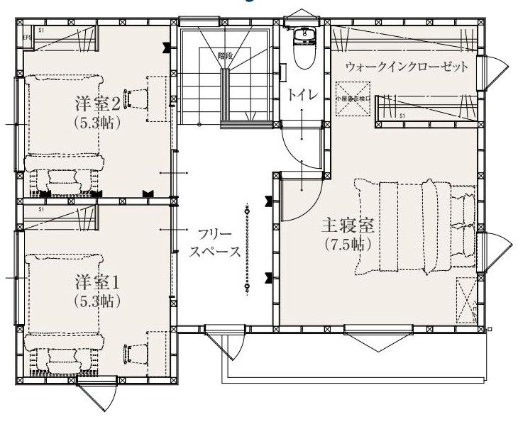 ３LDK、7.5帖主寝室、3帖ウォークインクローゼット、5.3帖洋室、5.3帖洋室、2階トイレあり